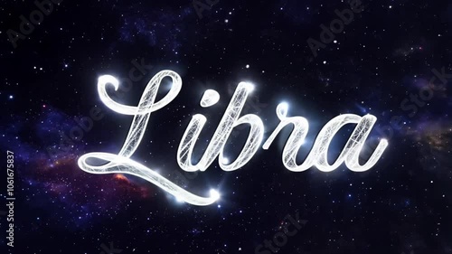 Libra typography title with stars and universe background