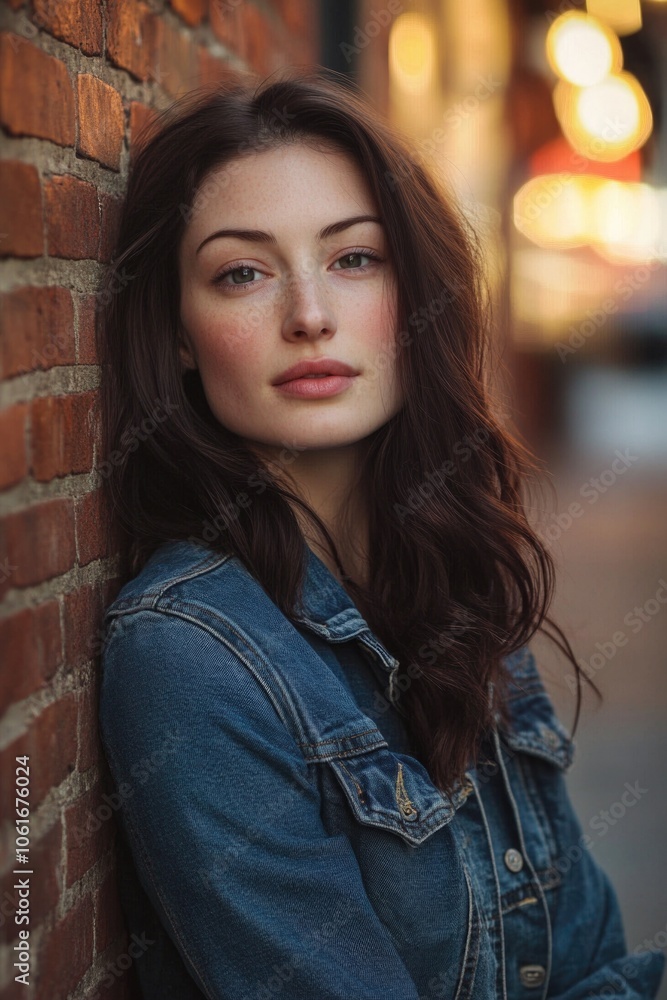 A young woman leans against a brick wall in a casual pose, looking relaxed A young woman leans against a brick wall in a casual pose, looking relaxed