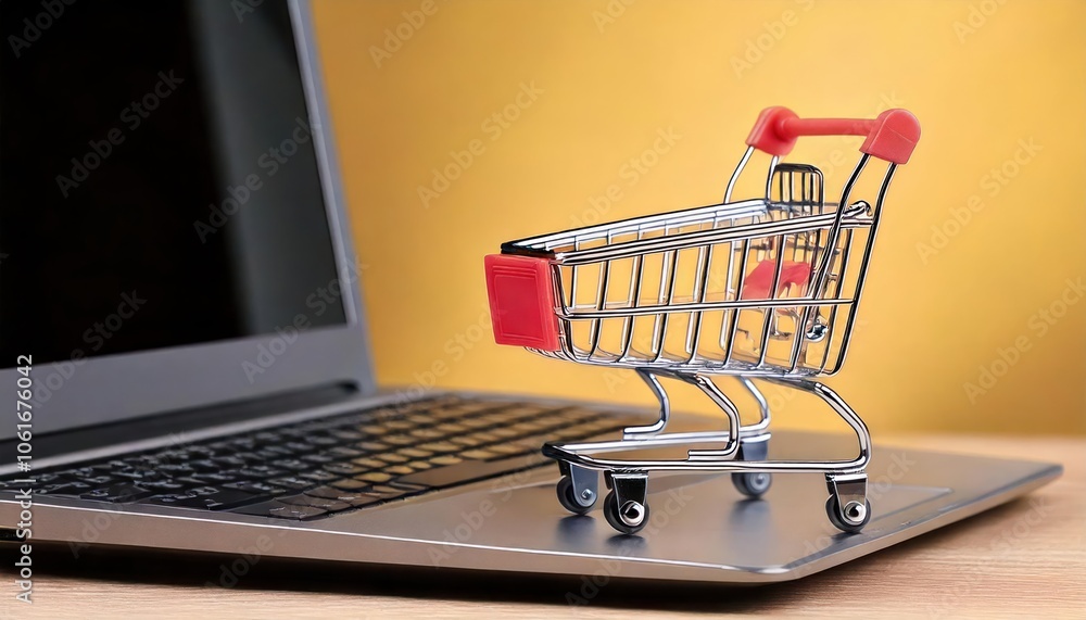 Online shopping concept with miniature shopping cart standing in front of laptop Online shopping concept with miniature shopping cart standing in front of laptop