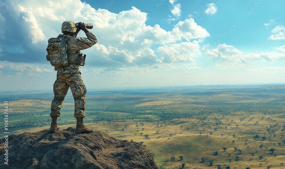 Soldier on mountaintop looking at landscape. Soldier on mountaintop looking at landscape.