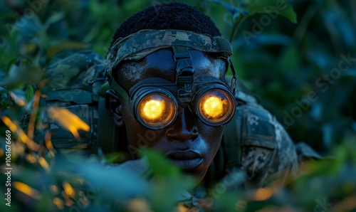 Camouflaged soldier with night vision goggles. photo