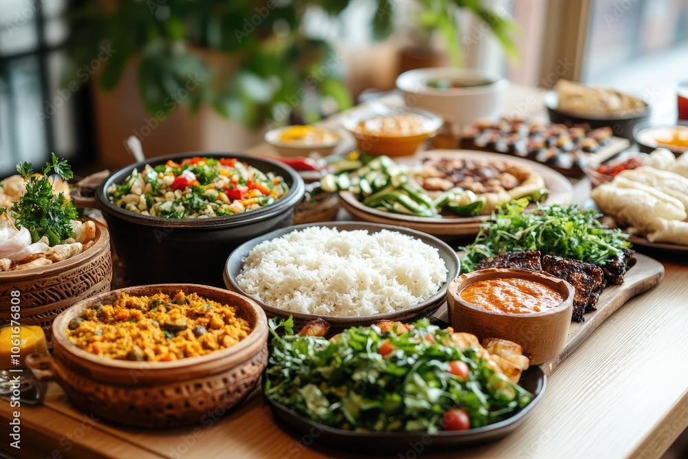 Catering service presenting variety of healthy dishes on wooden table Catering service presenting variety of healthy dishes on wooden table