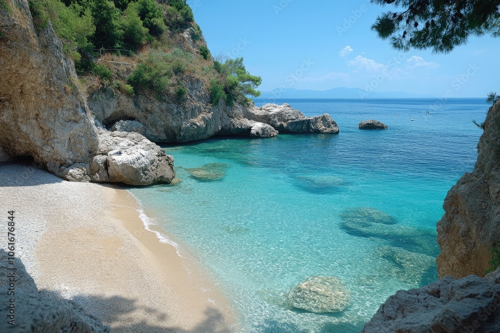 Naklejka premium Crystal clear turquoise water inviting for a swim at amazing secluded beach in lefkada, greece