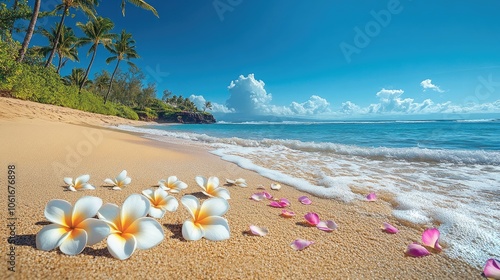 Tropical Beachscape with Plumeria Flowers and Colorful Petals in the Air: A Peaceful Ocean View for a Relaxing and Serene Escape