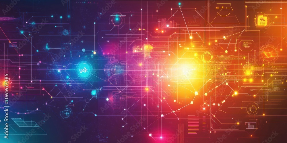 Obraz premium An abstract tech background showcases bright lines and nodes that link various business icons, demonstrating strategic network communication.