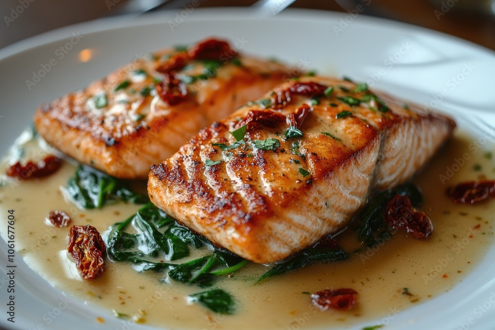 Grilled salmon fillets with spinach and sun-dried tomatoes in creamy sauce Grilled salmon fillets with spinach and sun-dried tomatoes in creamy sauce