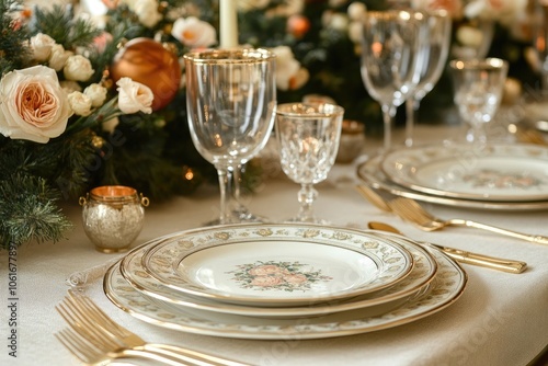 Elegant christmas table setting with gold-rimmed china and festive decorations