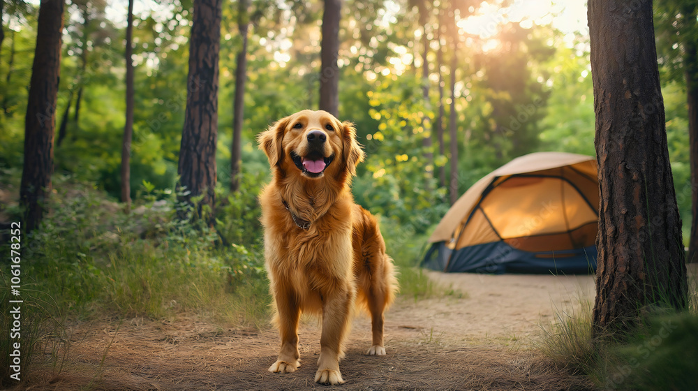 Adventurous dog golden retriever camping, exploring tent forest outdoor vacation, joyful holiday travel trip adventure, peaceful relaxation wilderness, nature freedom leisure Adventurous dog golden retriever camping, exploring tent forest outdoor vacation, joyful holiday travel trip adventure, peaceful relaxation wilderness, nature freedom leisure