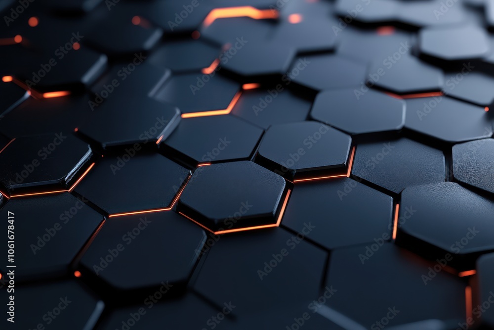 Hexagonal black tiles with glowing orange edges create futuristic pattern on dark background, evoking sense of modern technology and innovation Hexagonal black tiles with glowing orange edges create futuristic pattern on dark background, evoking sense of modern technology and innovation