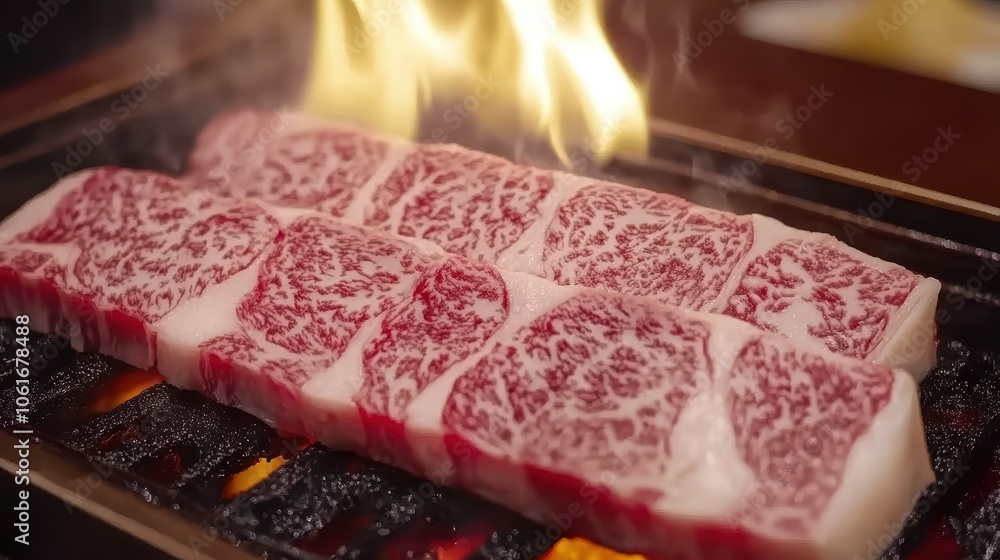 Sizzling Wagyu Beef Slices on a Grill Sizzling Wagyu Beef Slices on a Grill