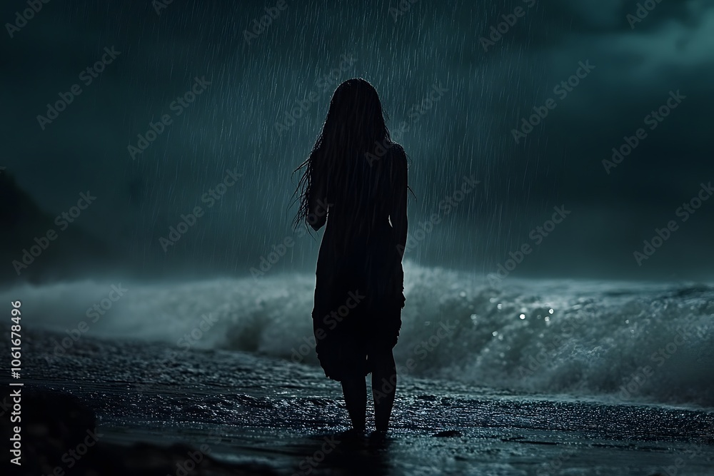 Obraz premium Silhouette of a woman standing in the rain.