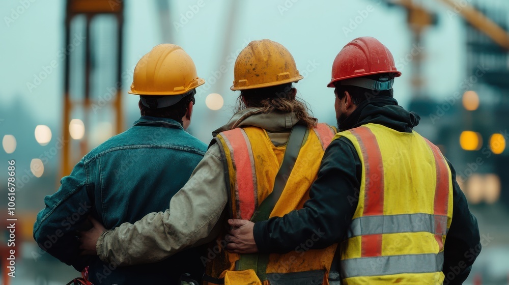 Three construction workers in safety gear embrace at worksite, showcasing camaraderie and teamwork Three construction workers in safety gear embrace at worksite, showcasing camaraderie and teamwork