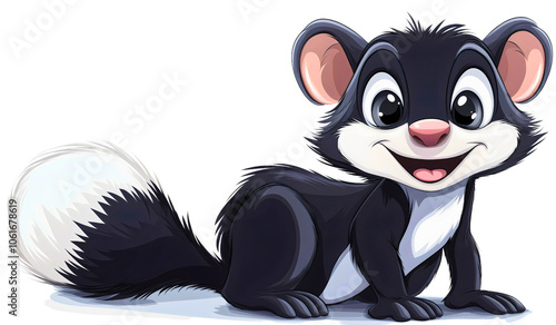 Playful skunk cartoon animal, endearing cute isolated character zoo, expressive tail fur flat illustration, adorable cheerful fluffy, funny wilderness smiling photo