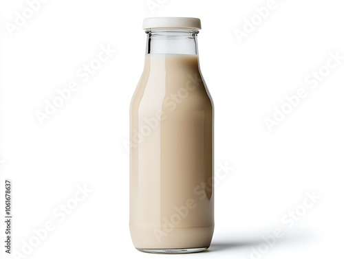 Glass bottle of milk with white cap isolated on white background.