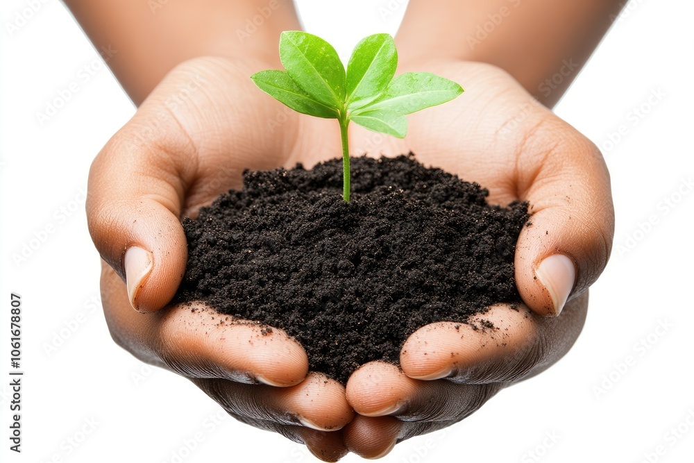 Hands holding and protecting new plant growth Hands holding and protecting new plant growth