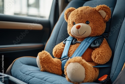 Teddy bear wearing seatbelt in car promoting child safety photo