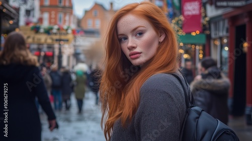 A woman with red hair and freckles walks down a city street