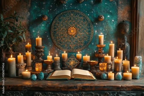 A sacred symbols, including candles, a crystal grid, and an open book of spiritual teachings. Generative AI photo