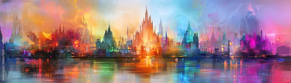 Fototapeta premium A vibrant, colorful cityscape with tall buildings and a magical atmosphere.