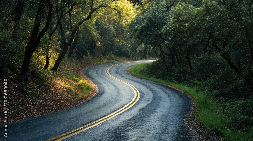 Fototapeta premium Winding road through lush forest in the sunlight