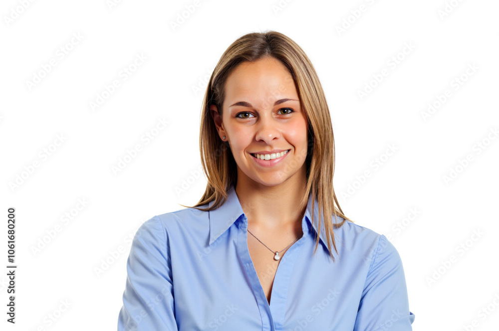 Smiling businesswoman wearing blue shirt on white background Smiling businesswoman wearing blue shirt on white background