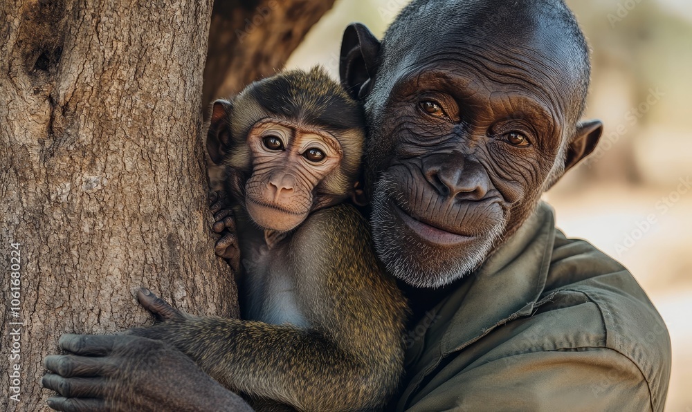A monkey embraces a man by a tree. A monkey embraces a man by a tree.