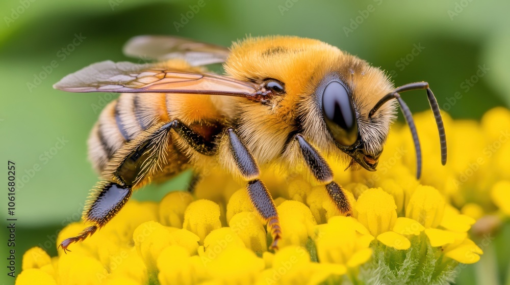 Bee collecting nectar from vibrant yellow flowers in a lush garden setting, AI Bee collecting nectar from vibrant yellow flowers in a lush garden setting, AI