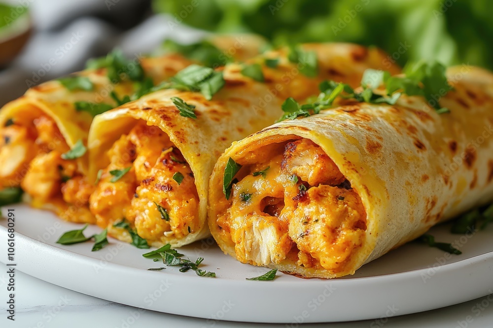 Delicious quesadillas with chicken and cheese filling, sprinkled with parsley Delicious quesadillas with chicken and cheese filling, sprinkled with parsley