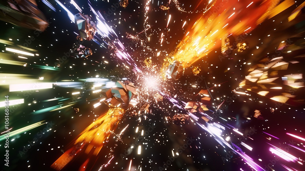 Fototapeta premium Vibrant fireworks display against dark night sky symbolizing new beginnings, dynamic burst of light captured with wide-angle lens, ample copy space for text or design elements.