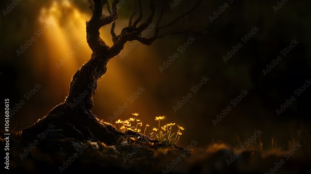 Fototapeta premium A silhouetted tree at sunset with golden light.