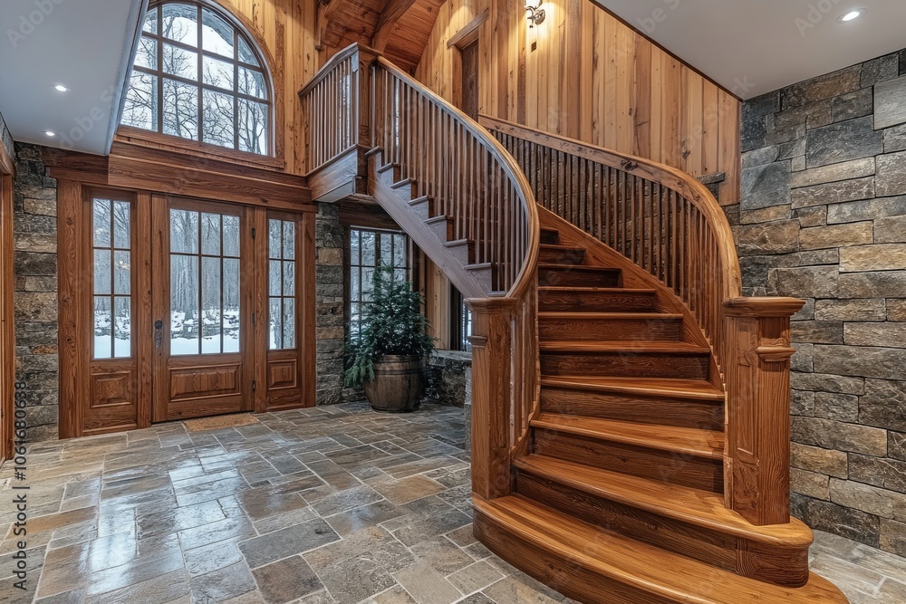 Obraz premium Elegant wooden staircase in luxurious rustic home interior
