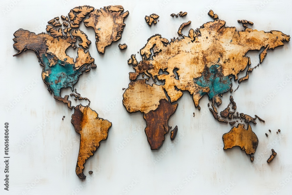 Wooden world map showing continents and oceans on white background Wooden world map showing continents and oceans on white background