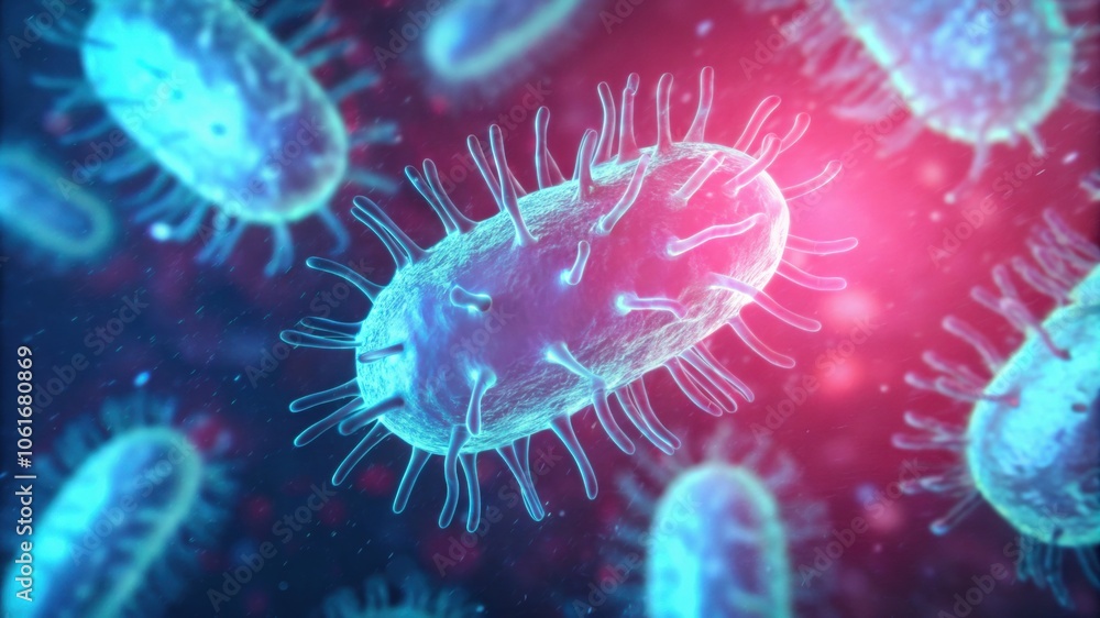 Obraz premium Microscopic View of Blue Bacteria Under Light