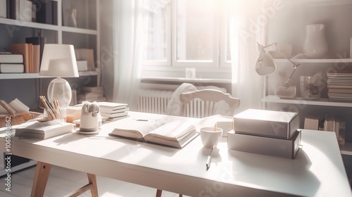 Wallpaper Mural Bright White Table Setup with Books and Stationery Torontodigital.ca