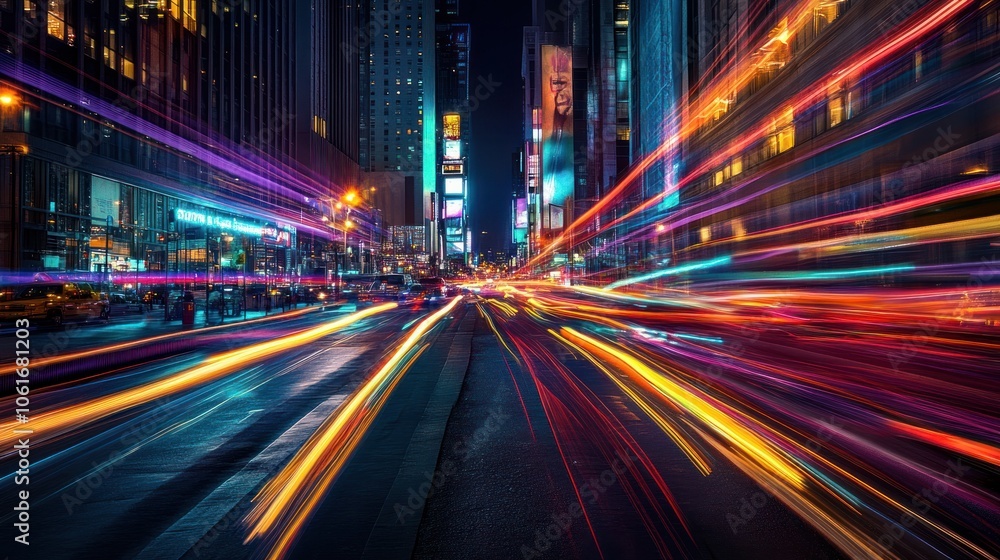 A dynamic image capturing vibrant light trails weaving through a busy city street at night A dynamic image capturing vibrant light trails weaving through a busy city street at night