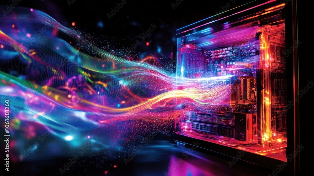 A vibrant, high-tech gaming PC interior with RGB lights illuminating the fans, cables, and components. Bright neon colors create a futuristic and energetic visual, highlighting the intricate hardware A vibrant, high-tech gaming PC interior with RGB lights illuminating the fans, cables, and components. Bright neon colors create a futuristic and energetic visual, highlighting the intricate hardware