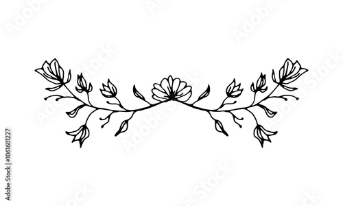 Ornate floral border divider for decorating postcards, invites, banners. Vector illustration of leaves and flowers in the doodle style.