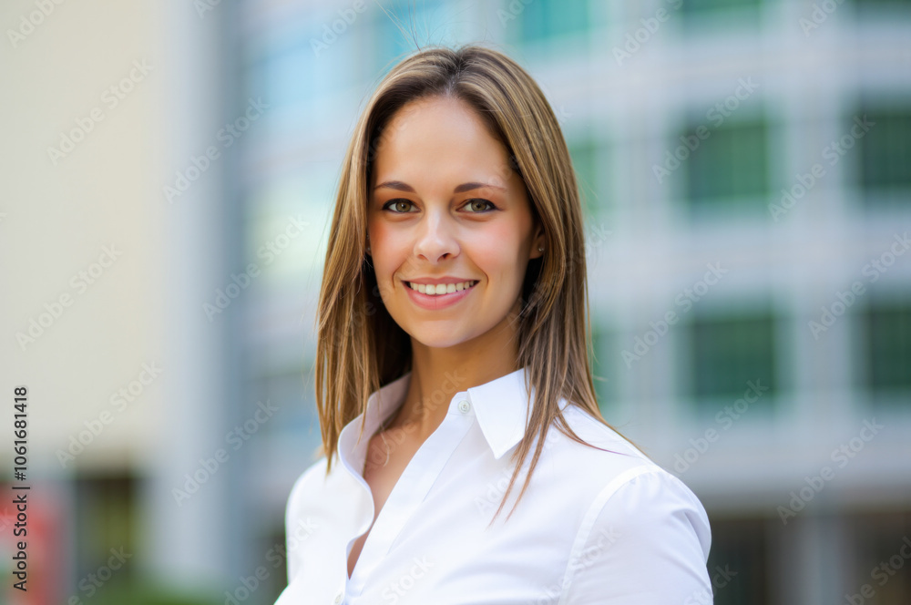 Businesswoman smiling in front of office building Businesswoman smiling in front of office building