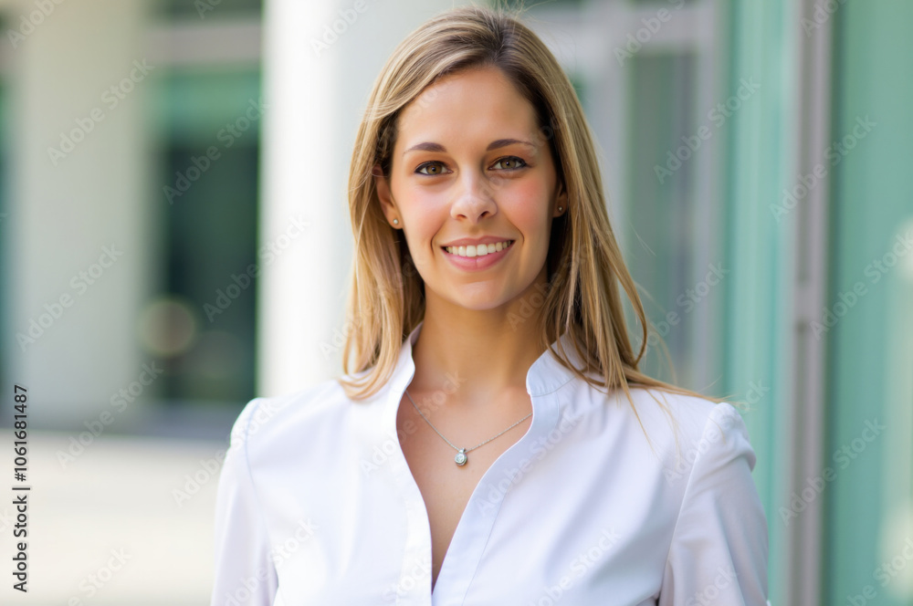 Portrait of smiling businesswoman standing in front of office building Portrait of smiling businesswoman standing in front of office building