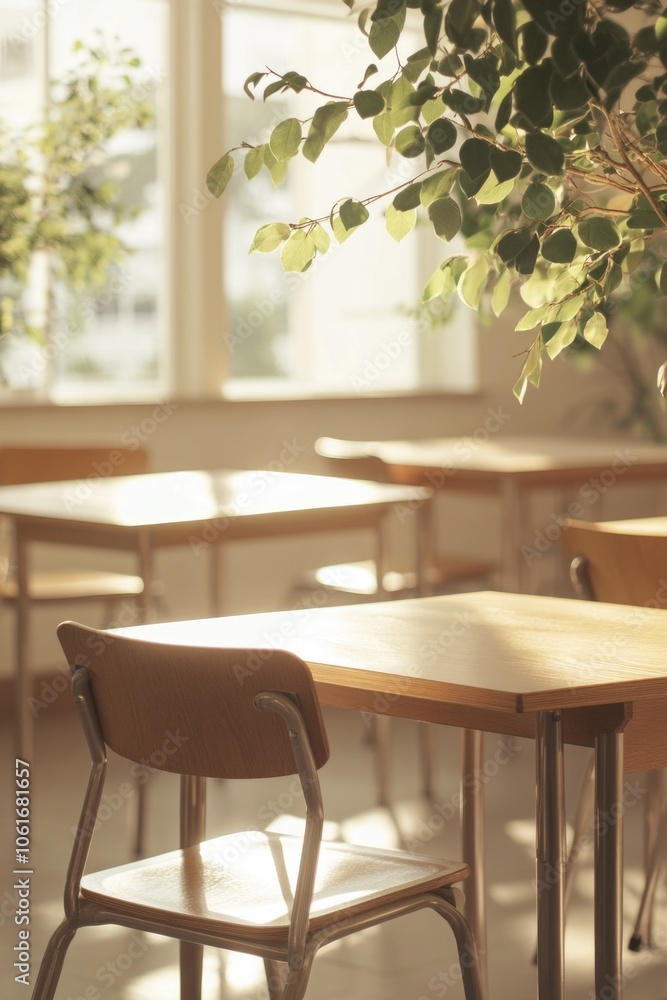 A quiet classroom with wooden tables and chairs, ideal for educational or office settings A quiet classroom with wooden tables and chairs, ideal for educational or office settings
