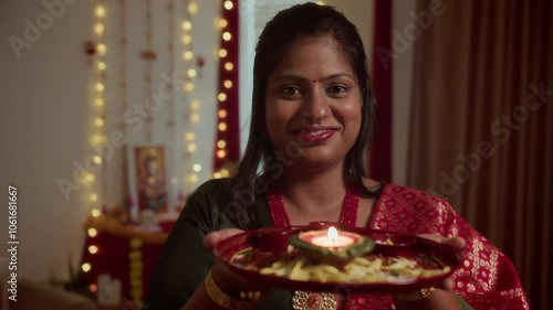 Medium portrait of smiling Indian woman in traditional sari posing for camera with tray with burning candle on Diwali photo