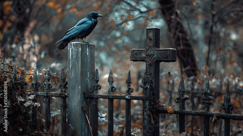 An eerie cemetery with an old, rusted fence and a single raven perched on a cross.