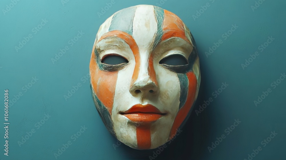 A mask with a white face and red and blue stripes A mask with a white face and red and blue stripes