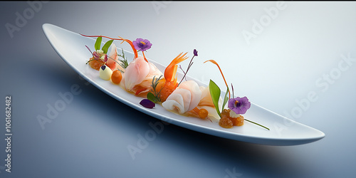 Exquisite Food-Fotografie stilvoll angerichtet länglichen Tellers. Delikate Komposition mit feinen Speisen, kunstvoll arrangiert. Ideale für Gourmet-Restaurants, Food-Magazine, Gastro-Marketing photo