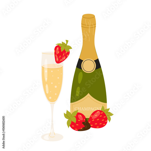 Ripe strawberries with a glass of champagne. Bottle of champagne. Sparkling wine. Alcoholic beverages. Flat vector illustration.