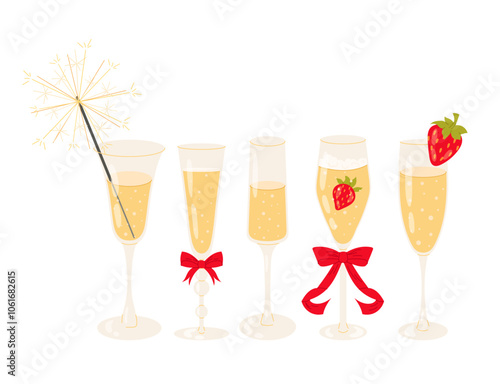 Set of different champagne glasses. Ripe strawberries. Festive drink, toast. Bengal fire. Flat vector illustration on white background.
