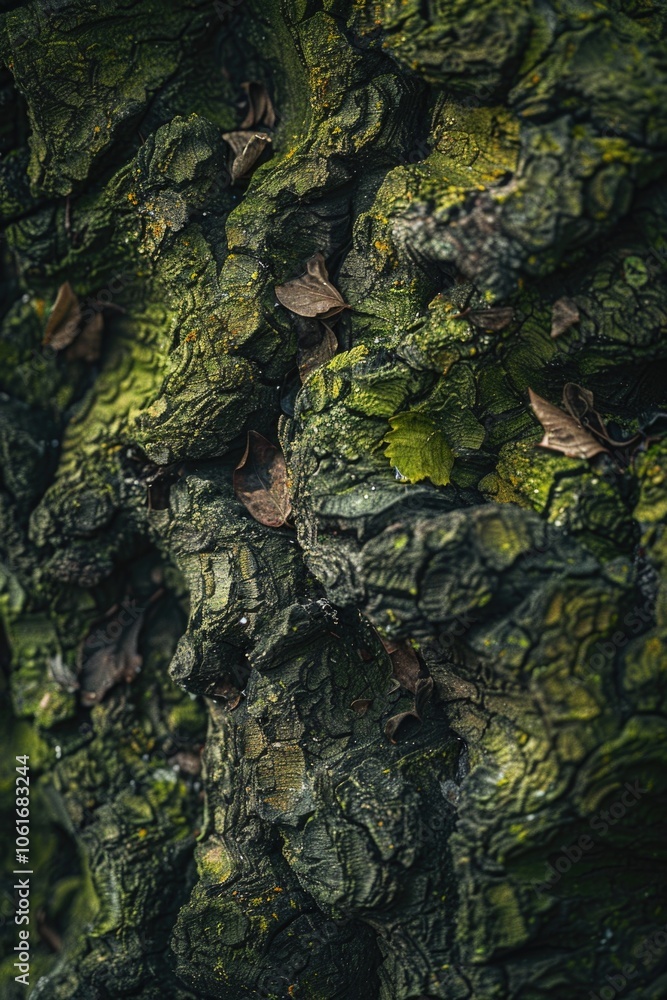 A close-up shot of a tree trunk covered in lush green moss