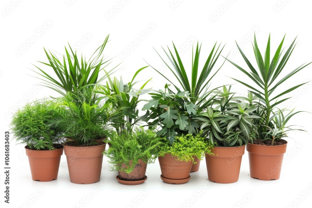 A row of potted plants on a white surface, great for interior design or still life photography A row of potted plants on a white surface, great for interior design or still life photography