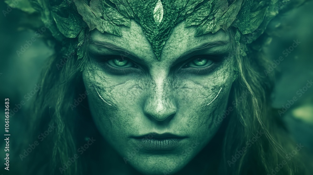 Enigmatic portrait of a female forest spirit with textured, leaf-like skin and closed eyes, blending nature and mystery in a serene ambiance. Enigmatic portrait of a female forest spirit with textured, leaf-like skin and closed eyes, blending nature and mystery in a serene ambiance.
