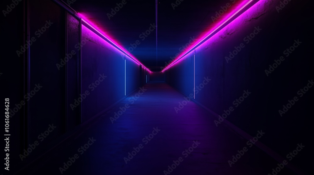 A long, dark tunnel illuminated by vivid purple and blue neon lights A long, dark tunnel illuminated by vivid purple and blue neon lights